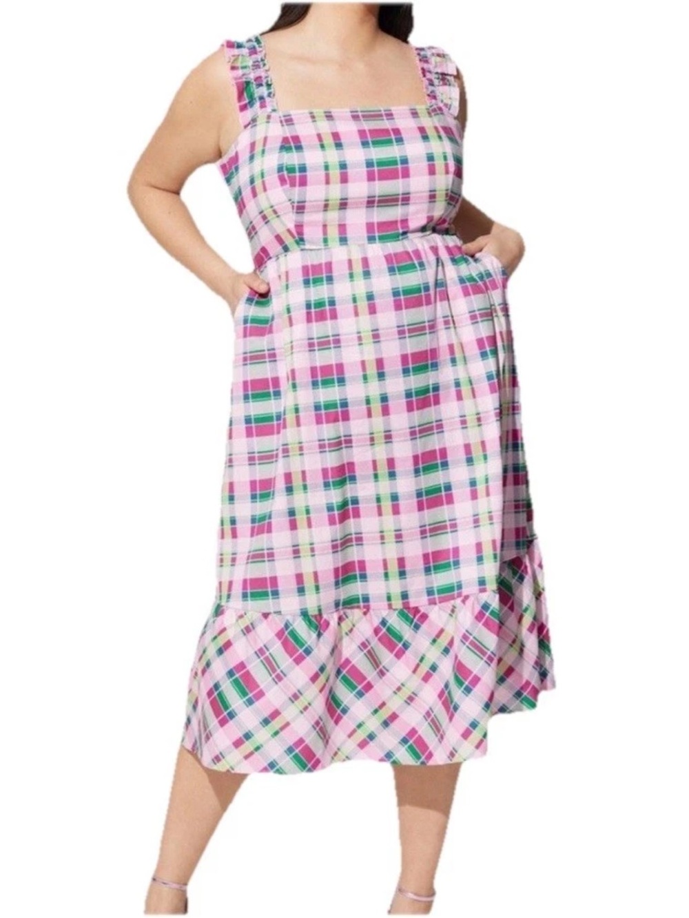 Torrid Plaid‎ Midi Dress 1X Pink Green Tiered Ruffle Cottagecore NWT